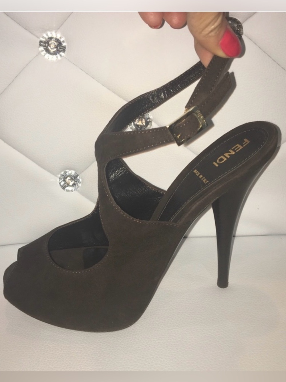 Fendi Chocolate Brown Velvet Peep Toe Slingback Heels Size 37.5 - Picture 7 of 11